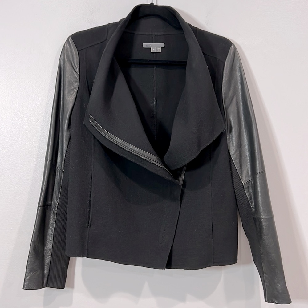 Vince Leather & Wool Mixed Media Black Motto Zip Jacket Knit Sweater Womens M 6 - Picture 6 of 16
